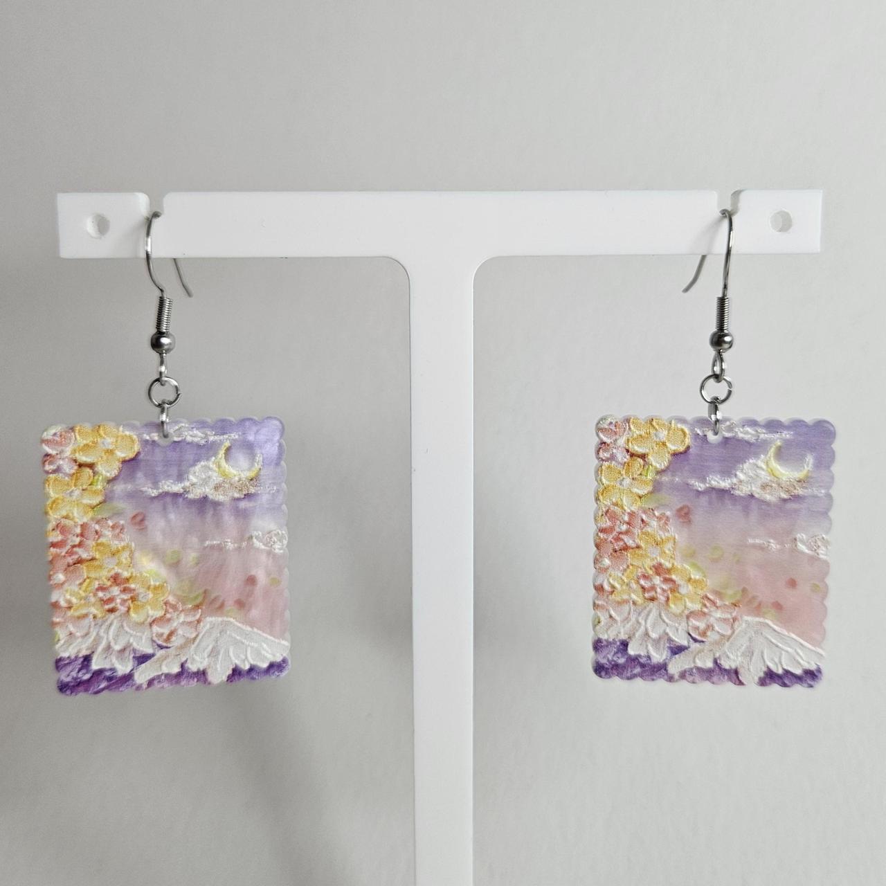 handmade floral moon mountain stamp acrylic flatback hook earrings