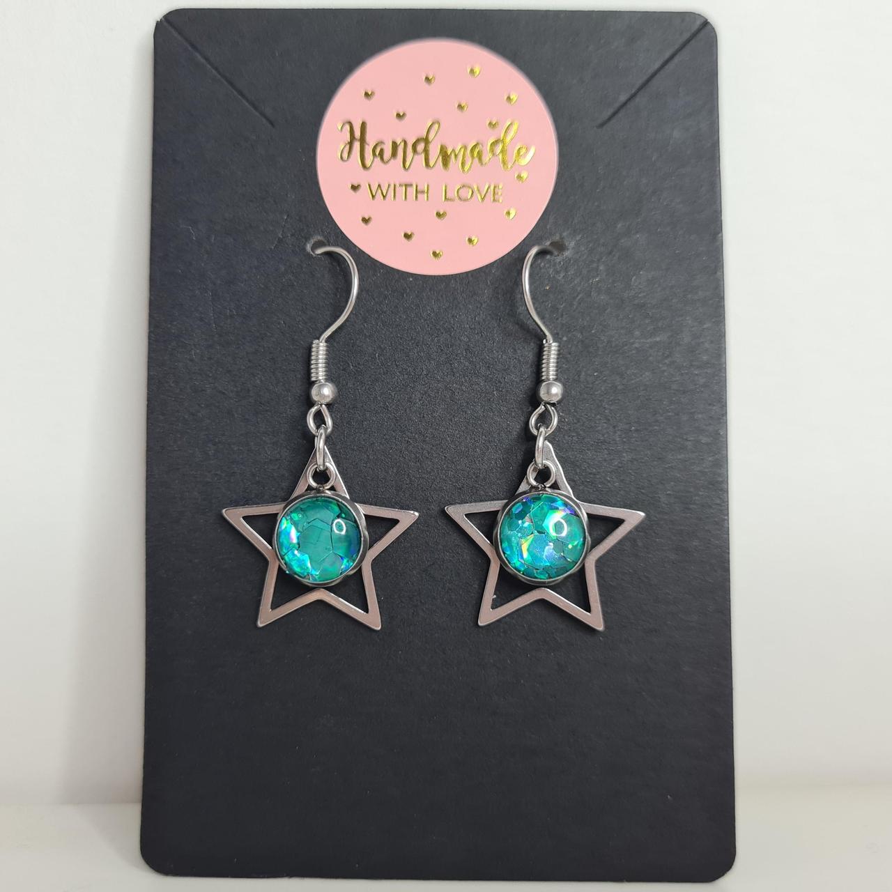 handmade star with glitter centre hook earrings