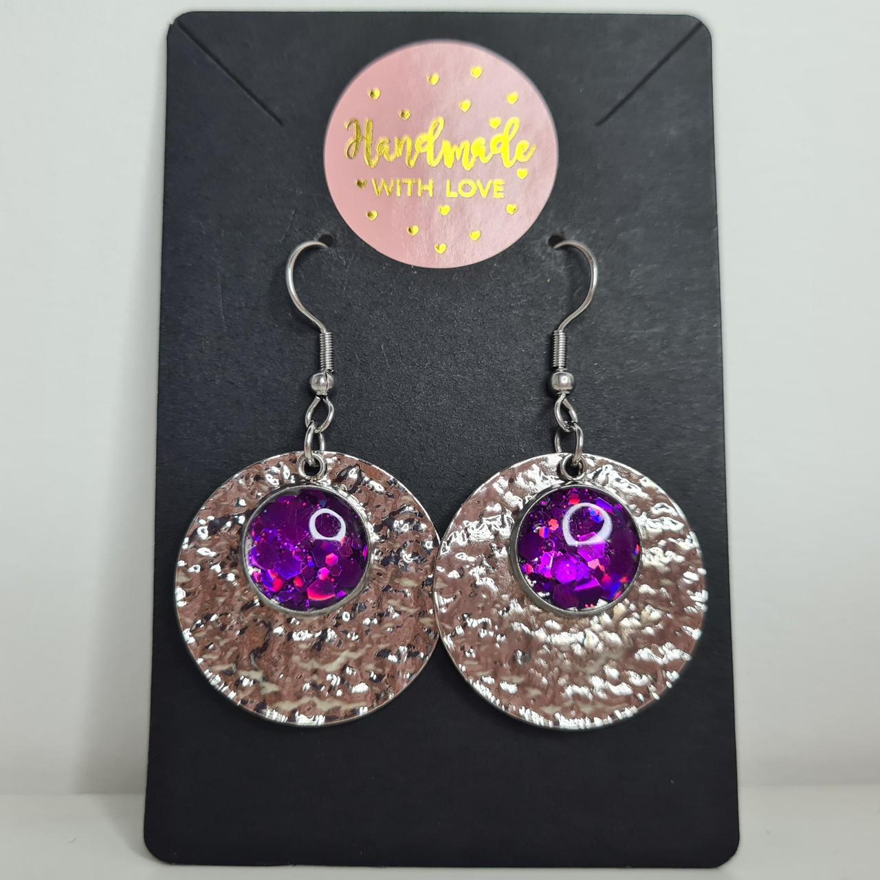 handmade textured circle drop with glitter centre hook earrings