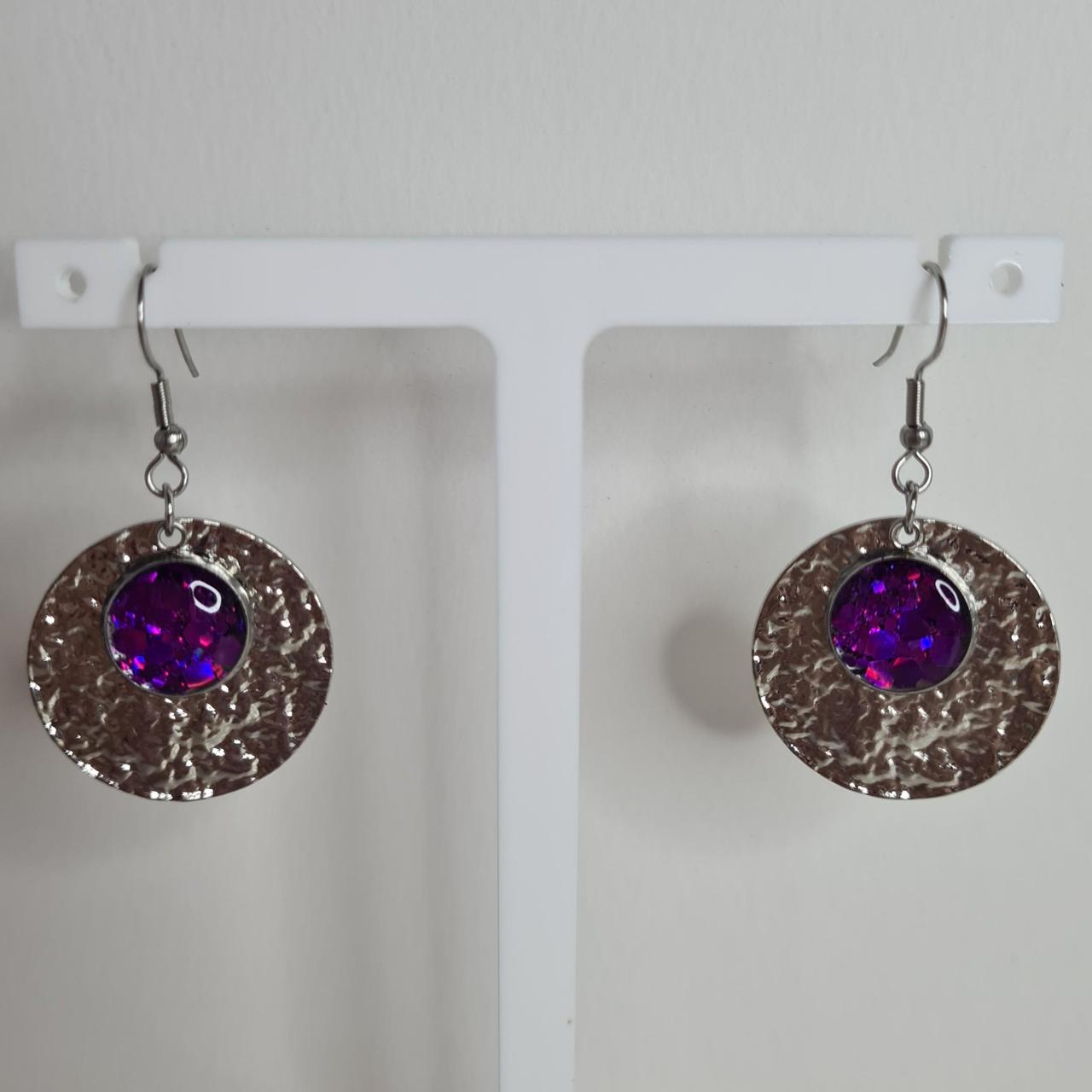 handmade textured circle drop with glitter centre hook earrings