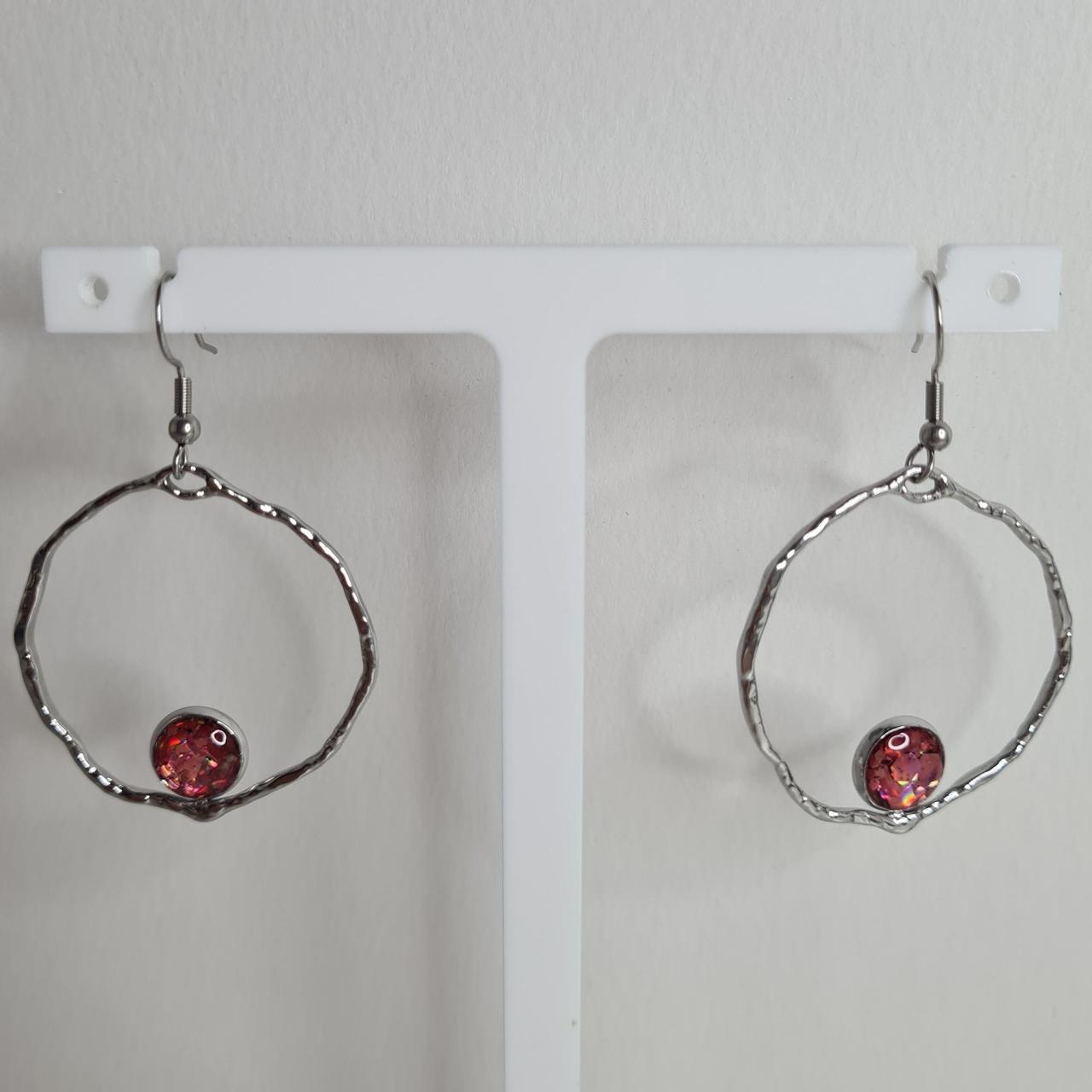 handmade hoop crushed crystal resin centre hook earrings
