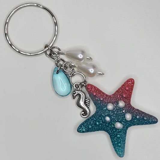 Handmade starfish pearl beaded seahorse keyring/bag charm