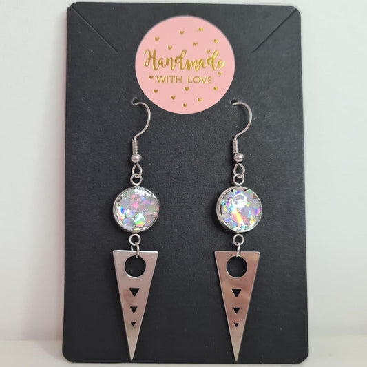 handmade triangle drop with glitter resin centre hook earrings