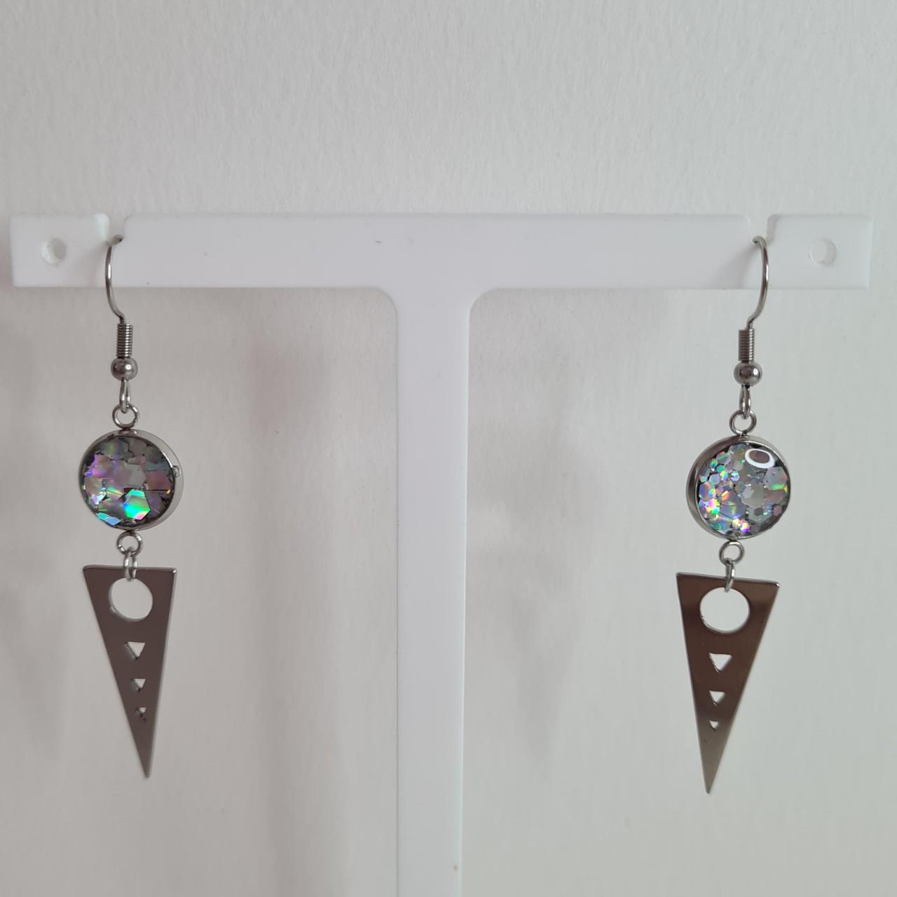 handmade triangle drop with glitter resin centre hook earrings