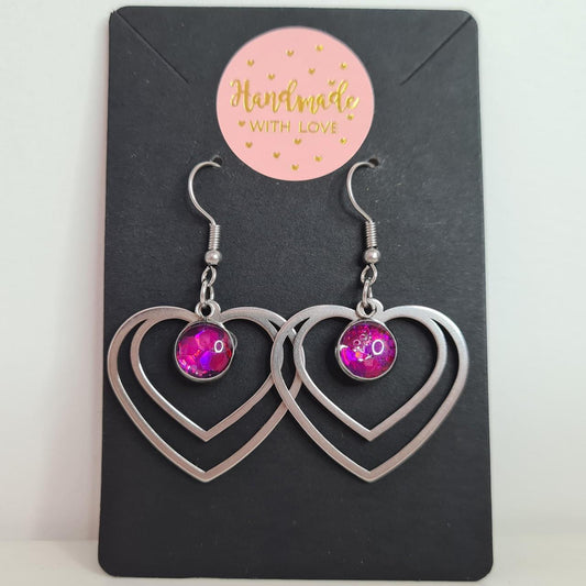 handmade heart drop with glittery resin centre hook earrings