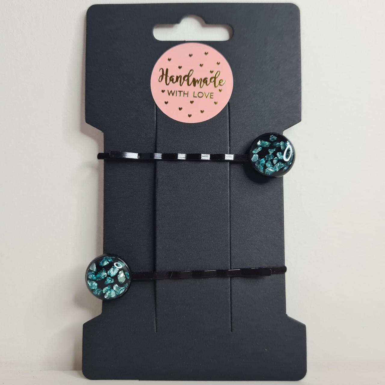 handmade gunmetal hairgrips with blue crushed crystals
