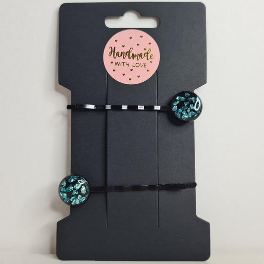 handmade gunmetal hairgrips with blue crushed crystals