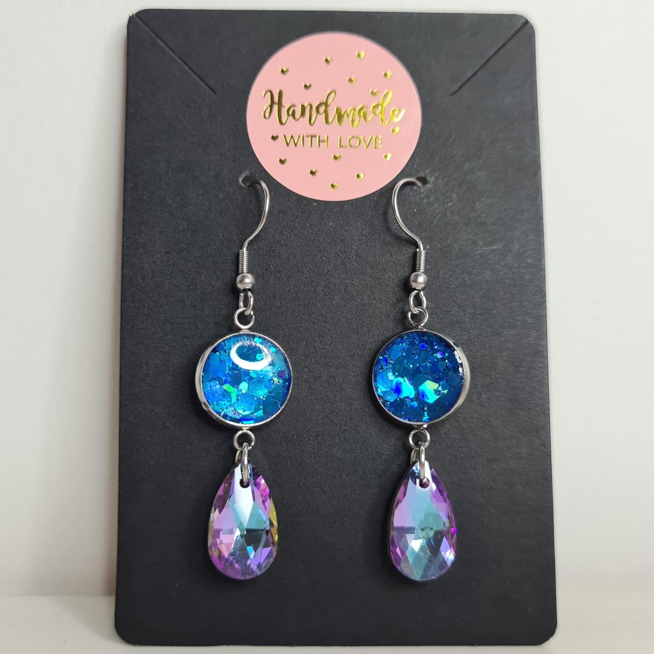 handmade glitter resin centre teardrop crystal hook earrings