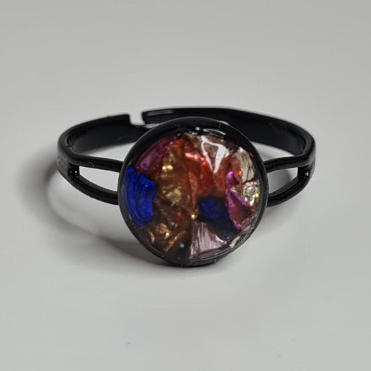Handmade crushed crystal adjustable black ring