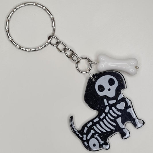Handmade skeleton dog with beaded bone keyring/bag charm