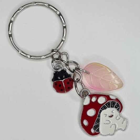 Handmade laughing mushroom beaded leafy ladybug keyring/bag charm