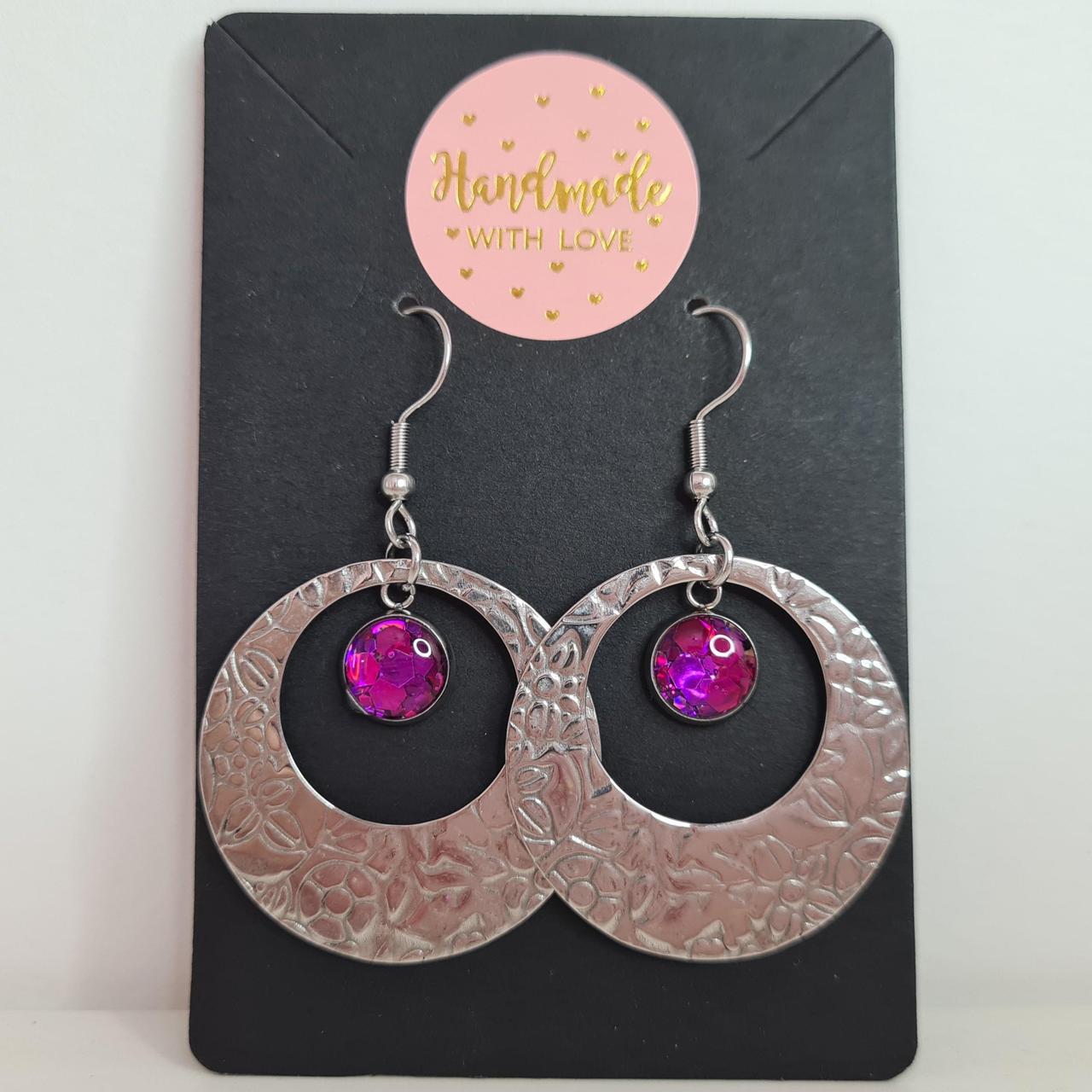 handmade textured floral circle drop with glitter centre hook earrings