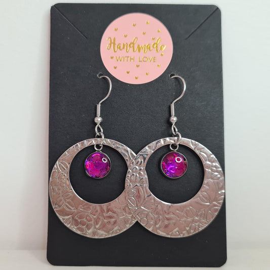 handmade textured floral circle drop with glitter centre hook earrings