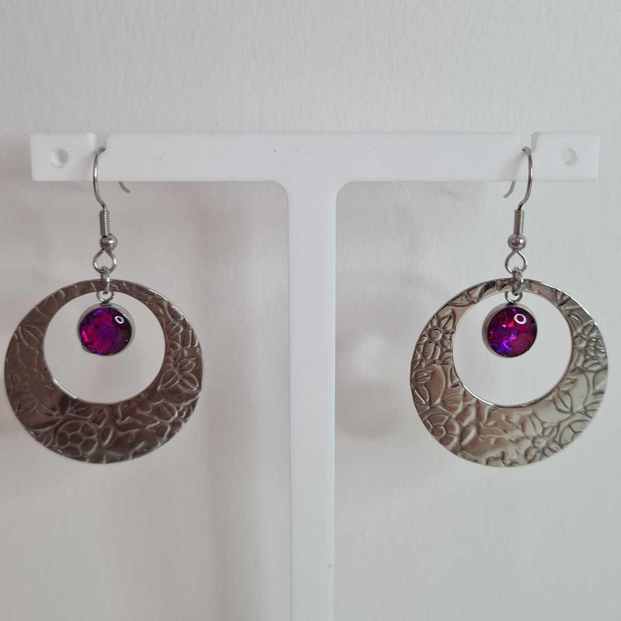 handmade textured floral circle drop with glitter centre hook earrings