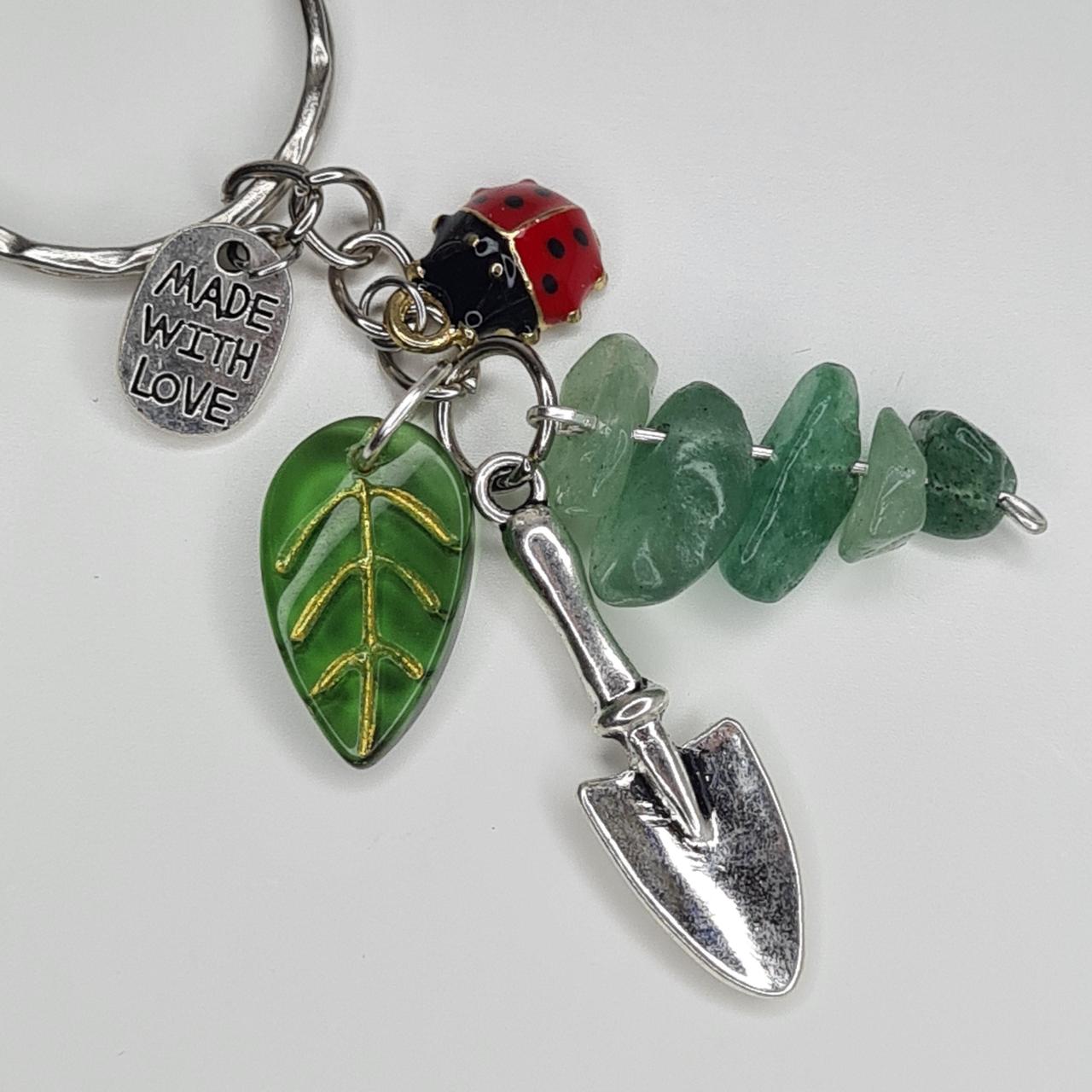 Handmade garden inspo crystal beaded leafy ladybug keyring/bag charm
