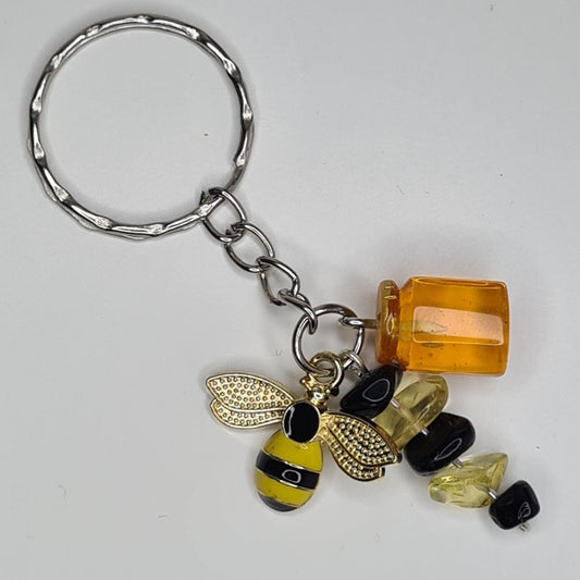 Handmade bumble bee & honey jar beaded keyring/bag charm