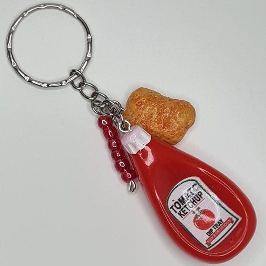 Handmade ketchup with nugget beaded keyring/bag charm