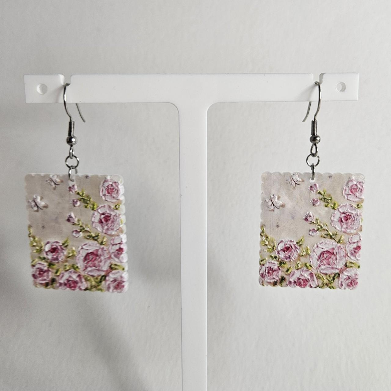handmade floral butterfly stamp acrylic flatback hook earrings
