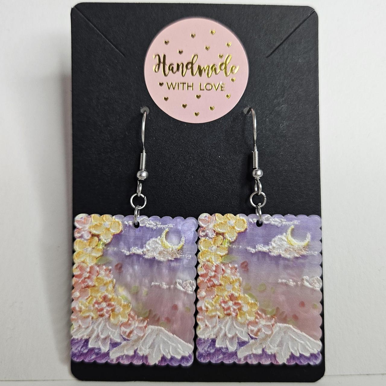 handmade floral moon mountain stamp acrylic flatback hook earrings