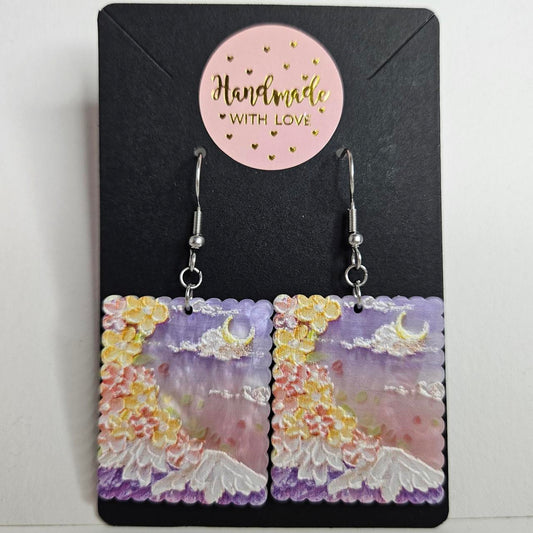 handmade floral moon mountain stamp acrylic flatback hook earrings