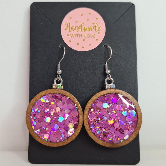 handmade wooden circles with holographic glittery centre hook earrings