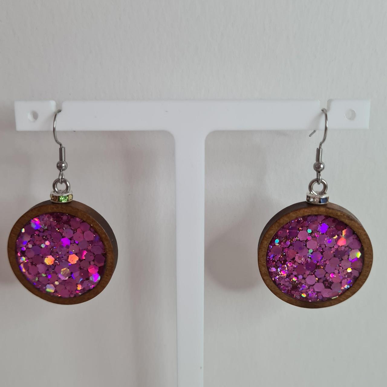 handmade wooden circles with holographic glittery centre hook earrings