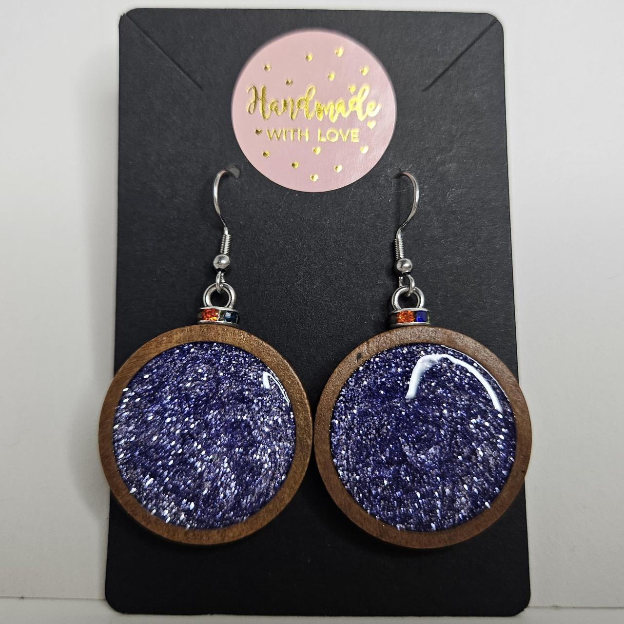handmade wooden circles with holographic glittery centre hook earrings
