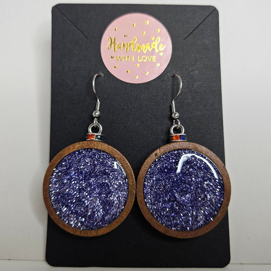 handmade wooden circles with holographic glittery centre hook earrings