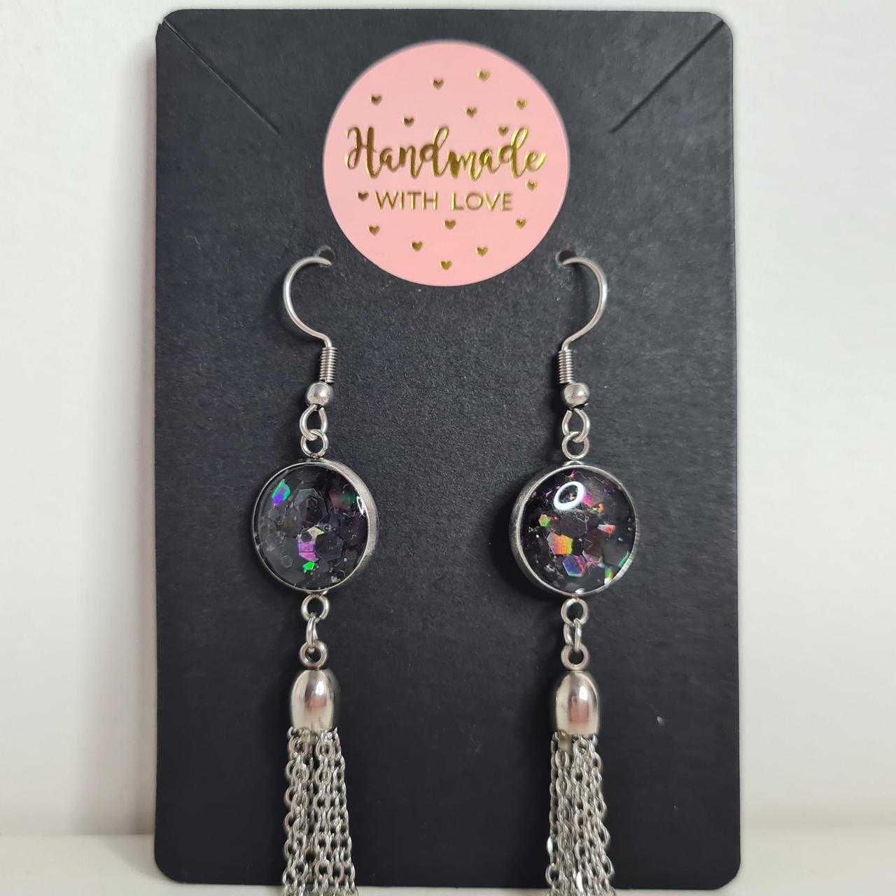 handmade glitter resin centre with tassel chains hook earrings