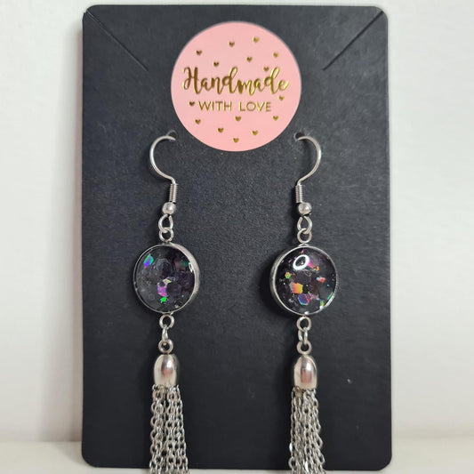 handmade glitter resin centre with tassel chains hook earrings