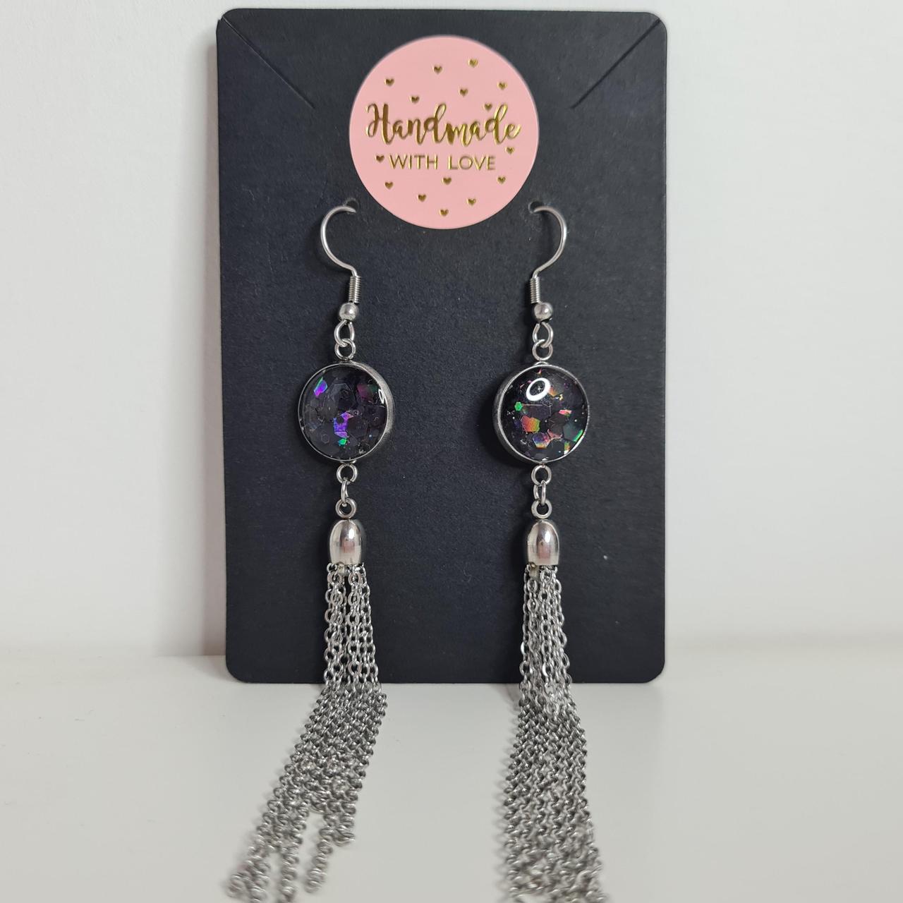 handmade glitter resin centre with tassel chains hook earrings