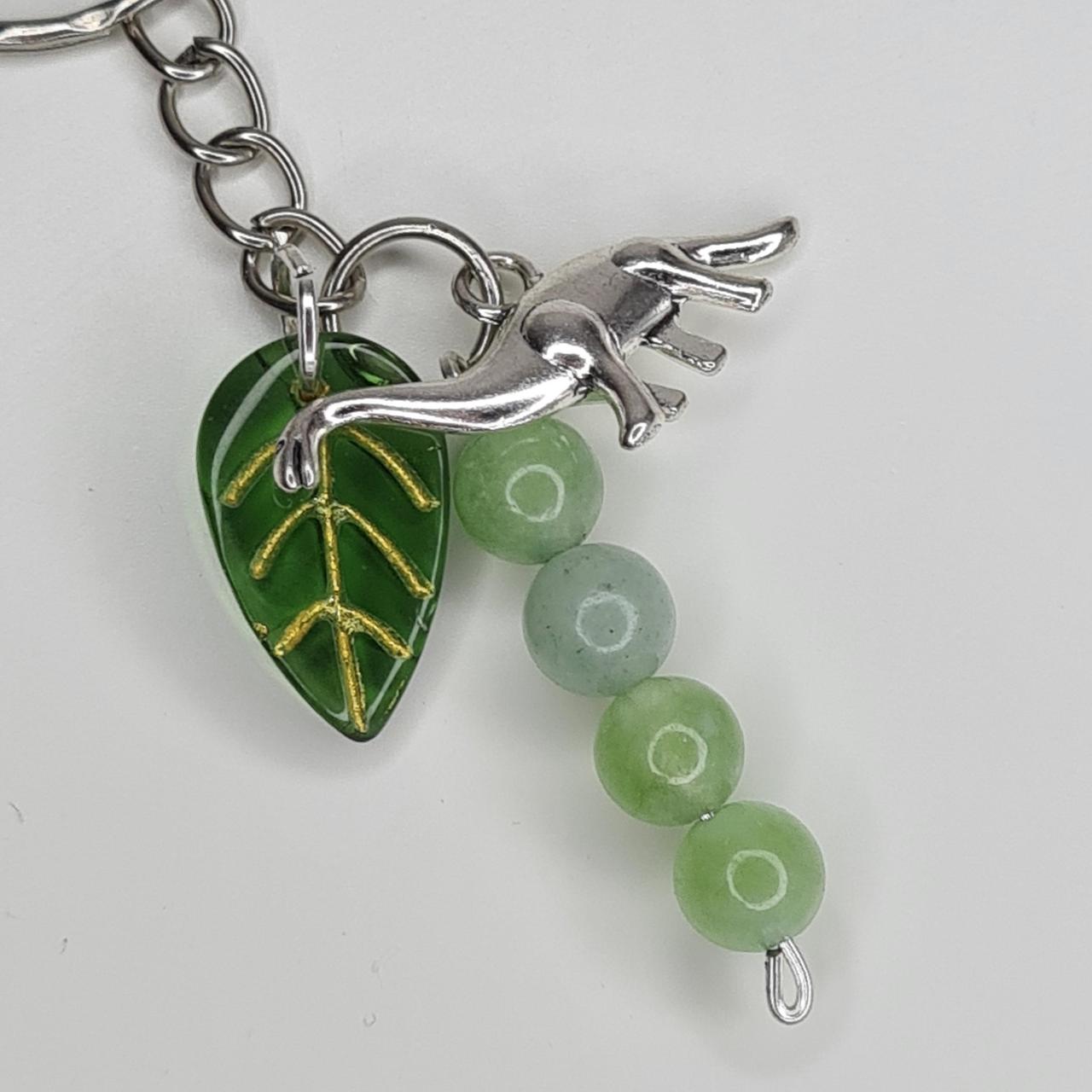 Handmade dinosaur crystal beaded leafy keyring/bag charm