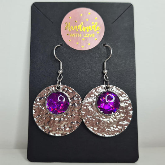 handmade textured circle drop with glitter centre hook earrings
