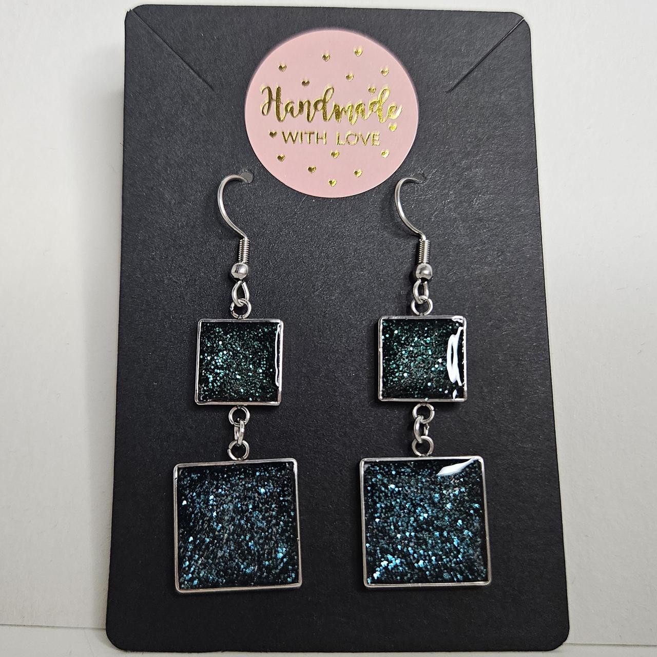 handmade duo square glitter centre drop hook earrings