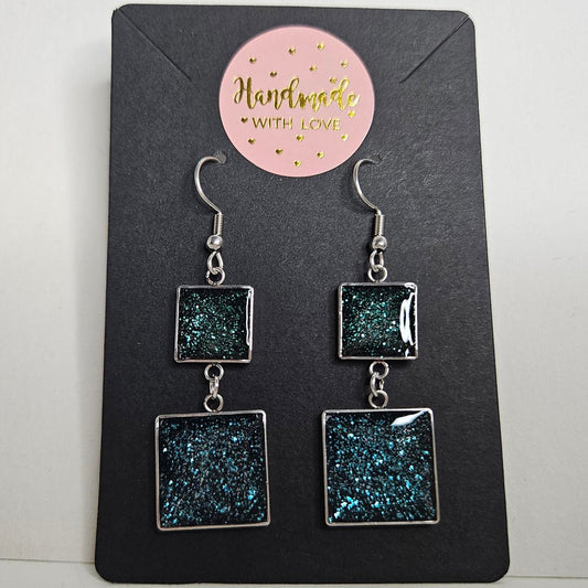 handmade duo square glitter centre drop hook earrings