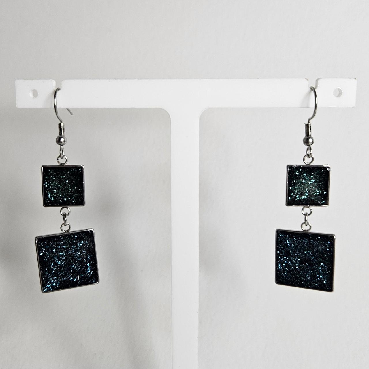 handmade duo square glitter centre drop hook earrings