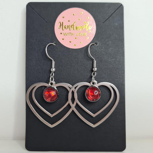 handmade heart drop with glittery resin centre hook earrings