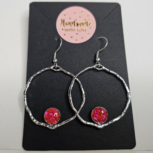 handmade hoop crushed crystal resin centre hook earrings