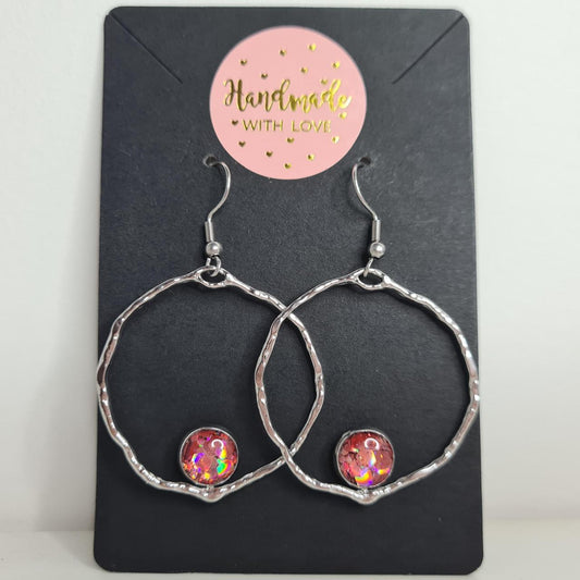 handmade hoop crushed crystal resin centre hook earrings