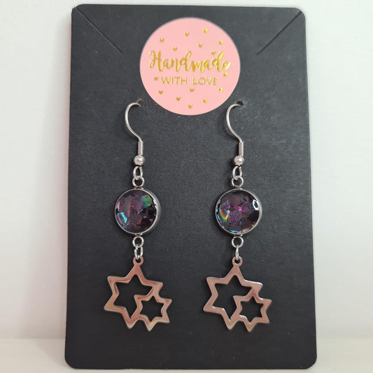handmade glitter resin centre star drop hook earrings