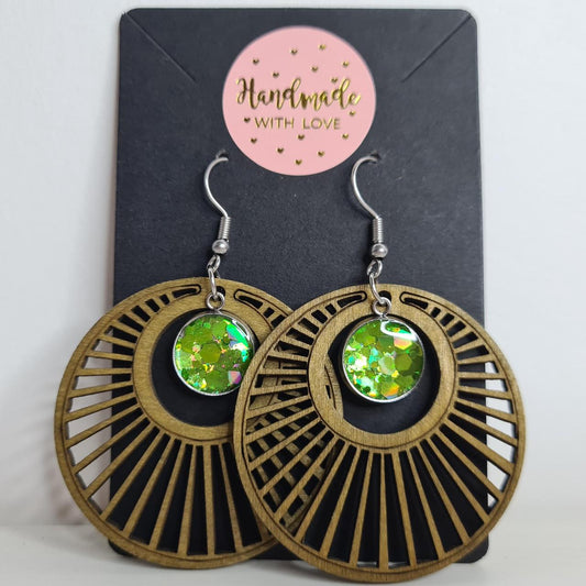 handmade wooden slices with holographic glitter centre hook earrings