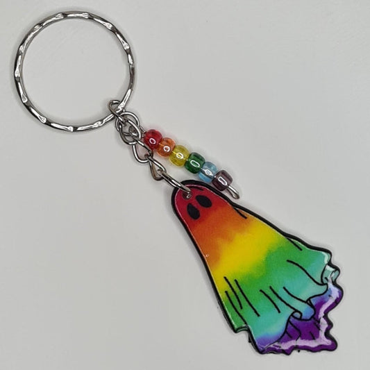 Handmade gay ghost rainbow beaded keyring/bag charm