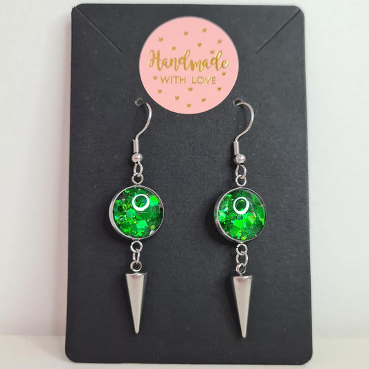 handmade spike drop with glitter resin centre hook earrings