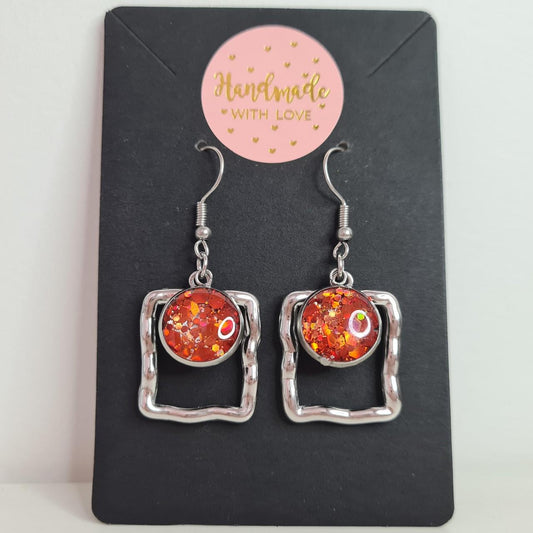 handmade irregular square with glittery resin centre hook earrings