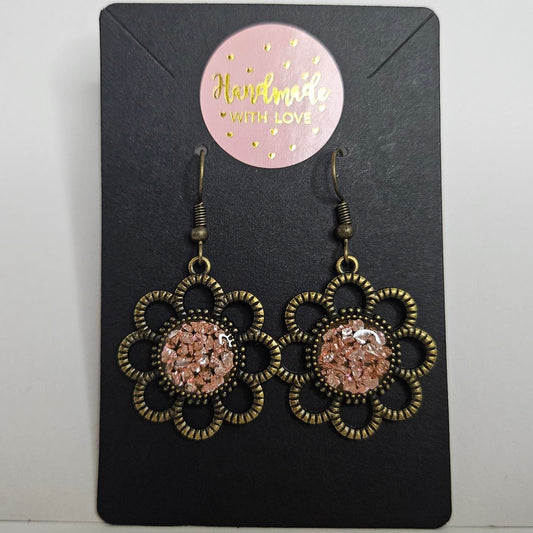handmade brass flower with crushed crystal resin centre hook earrings