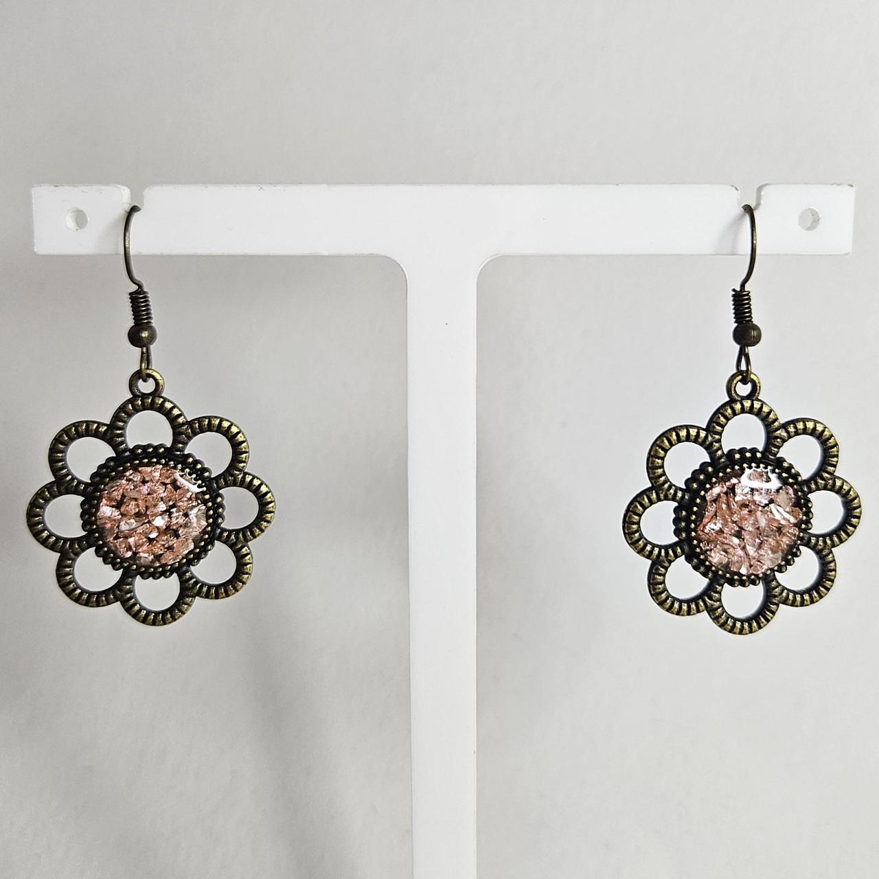 handmade brass flower with crushed crystal resin centre hook earrings