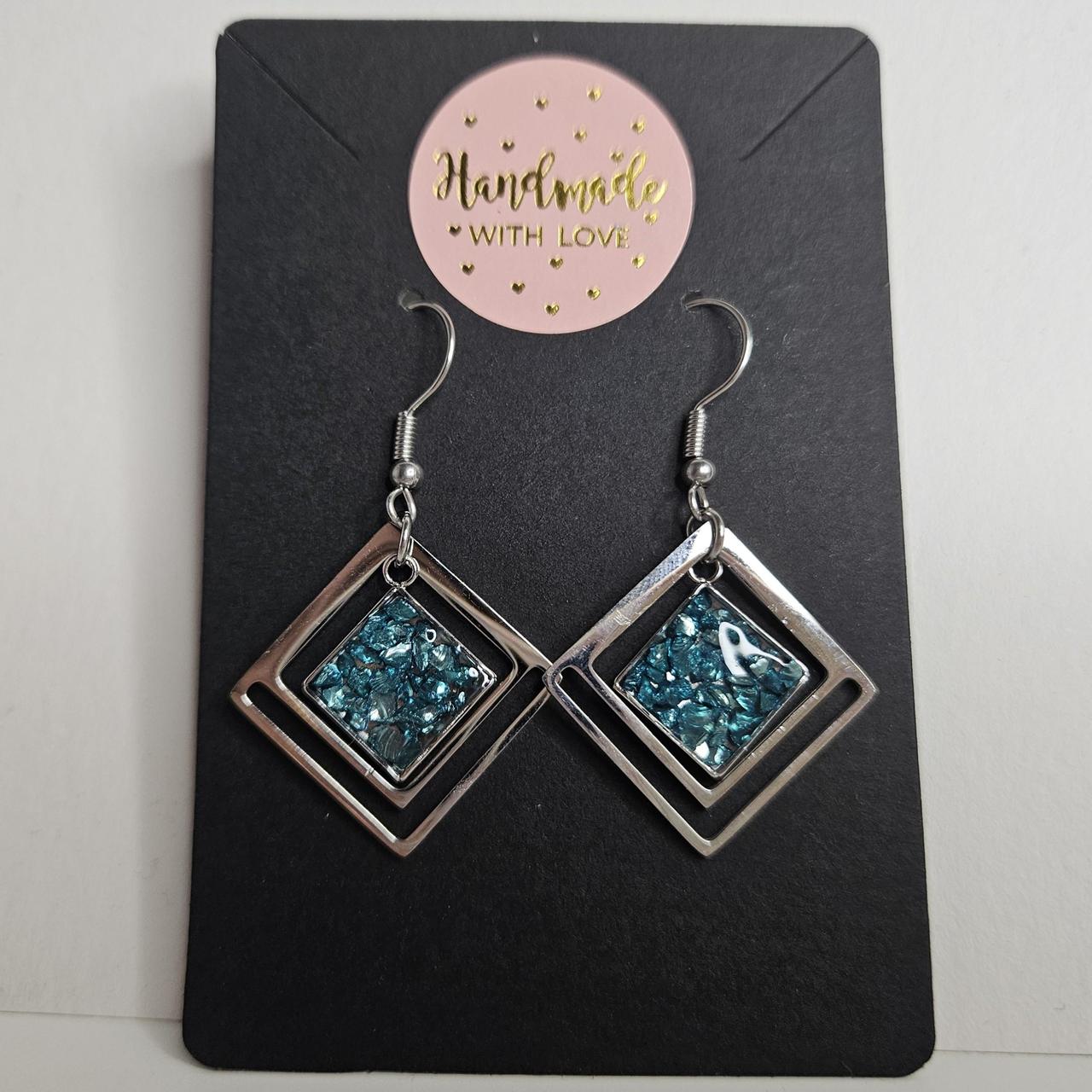 handmade diamond drop with crushed crystal resin centre hook earrings
