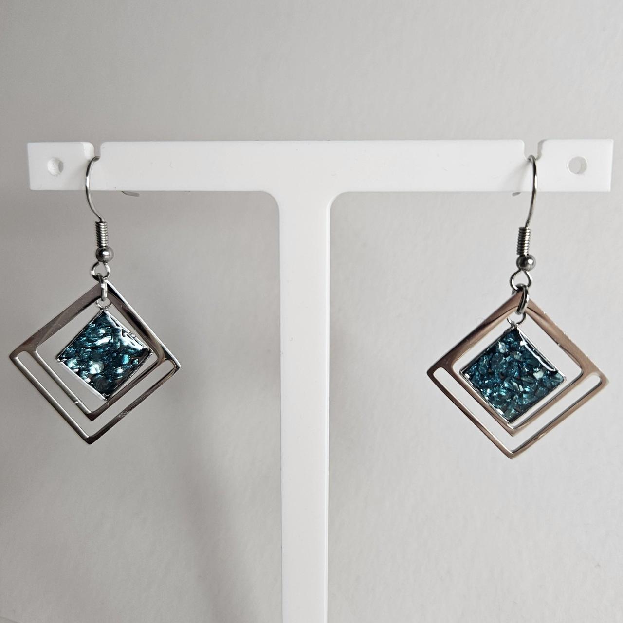 handmade diamond drop with crushed crystal resin centre hook earrings