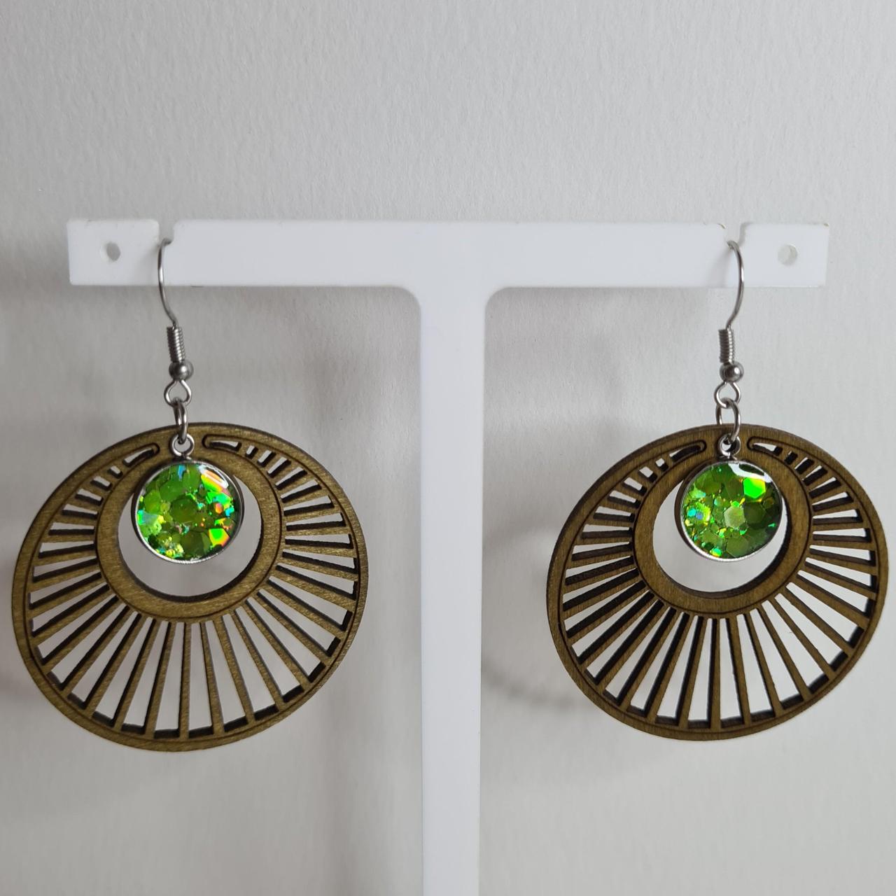 handmade wooden slices with holographic glitter centre hook earrings