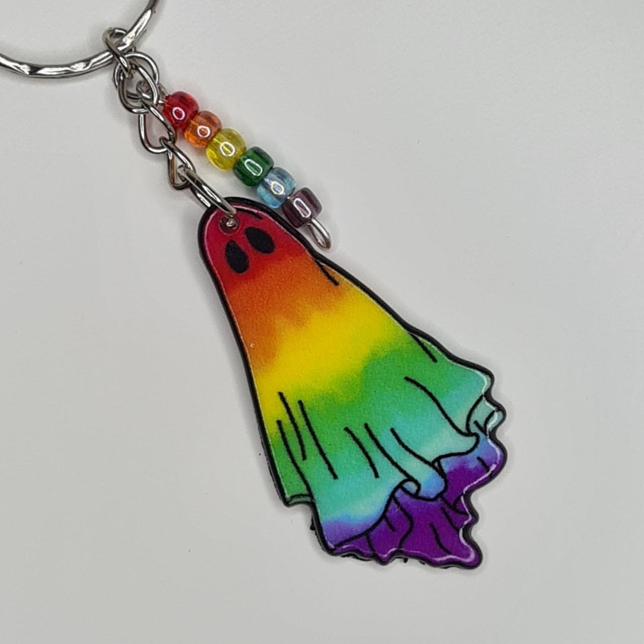 Handmade gay ghost rainbow beaded keyring/bag charm